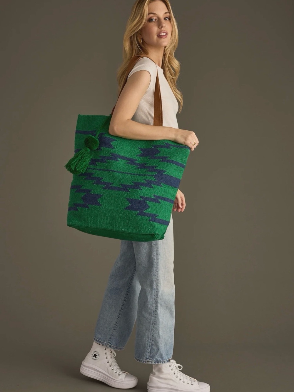 Panache Green and Navy Aztec Tassel Tote